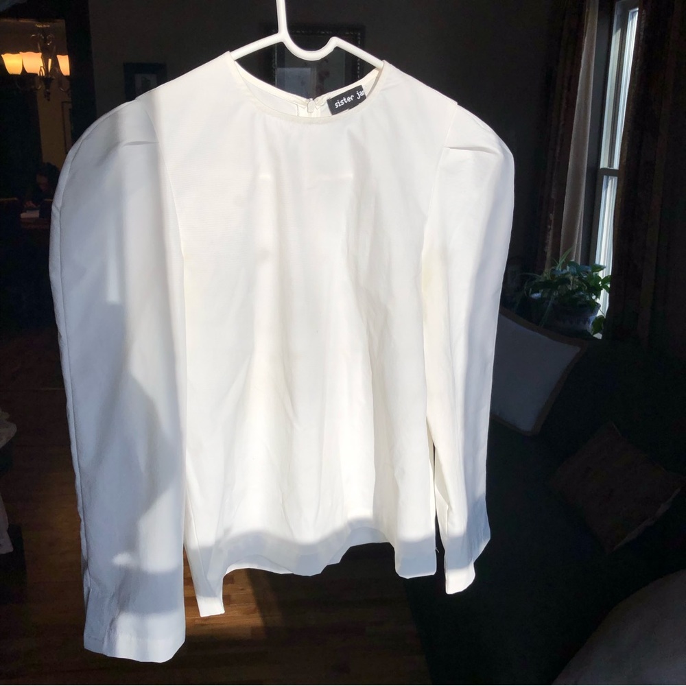 Sister Jane White Crisp Top Blouse puff sleeves zip viscose small